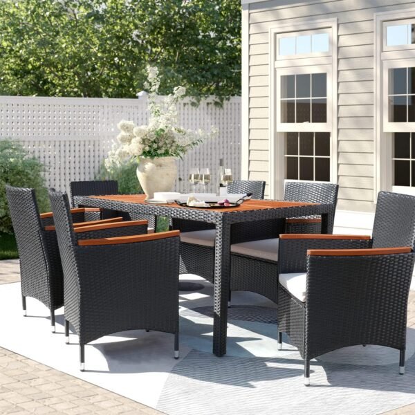 Flamaker 7 Piece Patio Dining Set Outdoor Acacia Wood Table and Chairs with Soft Cushions Wicker Patio Furniture for Deck, Backyard, Garden - Image 6