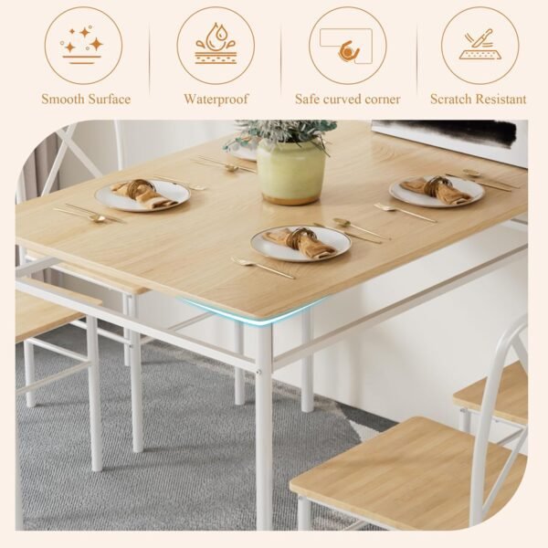 VECELO 5-Piece Kitchen Dining Table Set, Wood Tabletop & Heavy-Duty Metel Frame, Rectangle Dinette with 4 Chairs for Small Space, Breakfast Nook, Natural & White - Image 5