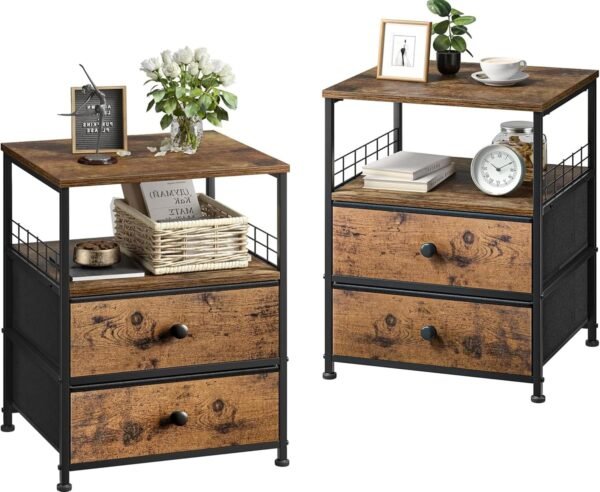 EnHomee Nightstand Set of 2, 17.8" W Bedside Table with Fabric Drawers and Open Wood Shelf Storage, Safety Netting on 2 Sides of Bedside Table,Night Stand for Bedroom,Living Room,Dorm, Rustic Brown