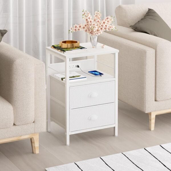 Furologee End Table with Charging Station, Nightstand with Fabric Drawers, Side Tables with USB Ports & Outlets, Night Stand with Storage Shelf & Hooks, for Living Room/Bedroom, White - Image 2