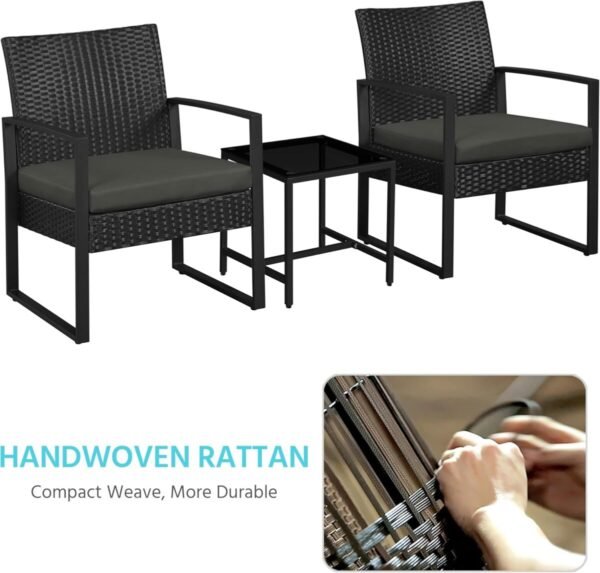 Yaheetech 3 Pieces Rattan Bistro Set, Indoor/Outdoor Wicker Patio Modern Conversation Furniture, 2 Chairs & Tempered Glass Coffee Table for Garden, Balcony, Backyard, Poolside, Black/Gray - Image 4