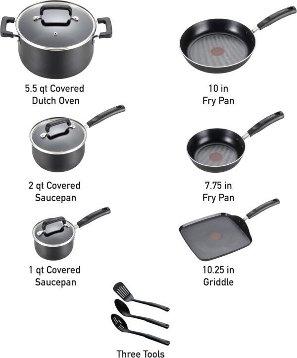 T-fal Signature Nonstick Cookware Set 12 Piece, Oven Broiler Safe 350F, Pots and Pans, Kitchen Cooking Set w/Fry Pans, Saucepans, Saute Pan, Dutch Oven, Griddle, Kitchen, Home, Dishwasher Safe, Black - Image 2