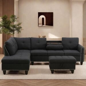 Sectional Couches with Ottoman Storage, Lounge Modular Sectional Sofa with Reversible Cup Holder, Modern Nail-Head L Shaped Couch for Living Room Furniture Sets, Bedroom, Gray