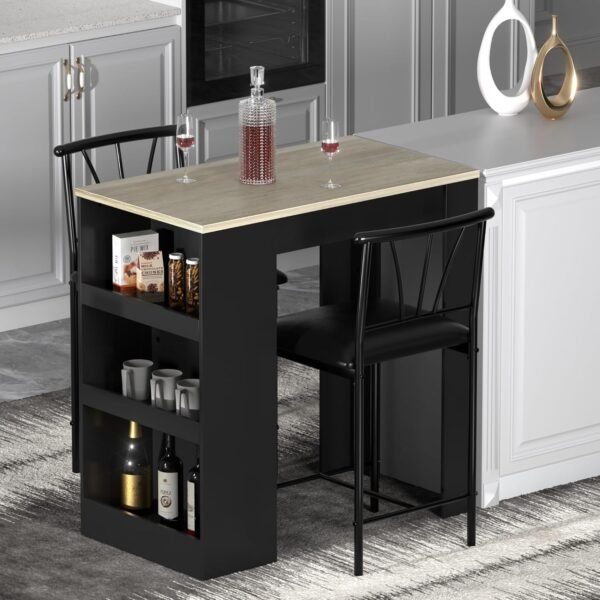 VECELO Small Bar Table and Chairs Tall Kitchen Breakfast Nook with Stools/Dining Set for 2, Storage Shelves, Space-Saving, Gray - Image 2