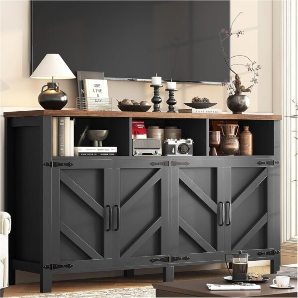 Buffet Sideboard with Storage Farmhouse with 4 Doors, 55'' Large Kitchen Storage Cabinet Wood Coffee Bar Cabinet Buffet Table with Shelves for Kitchen, Dining Room, Entryway (Black, 55 in) - Image 6