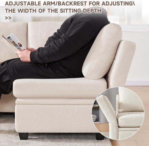 Modular Sectional Sofa with Storage, U Shaped Sectional Couch for Living Room, Convertible Modular Sofa Couch with Ottomans, High Supportive & Soft Sponge, 6 Seat, Beige - Image 7
