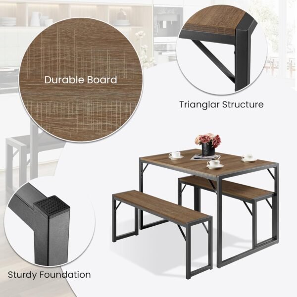 SHA CERLIN Kitchen Dining Table Set for 4 with Benches, Rustic Small Space Saving Dinette, Heavy Duty Metal Frame - Image 6
