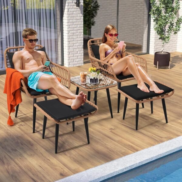 5 Piece Wicker Bistro Patio Conversation Furniture Set, Includes 2 Chairs, 2 Ottomans, and Side Table, Ideal for Porch, Balcony, Deck, Backyard, Natural - Image 4