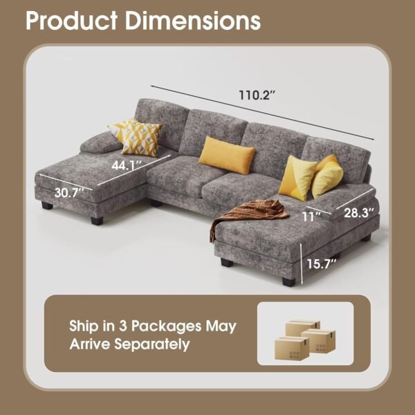 Furmax Sectional Couches for Living Room, U-Shaped Sofa Couch with Linen Fabric, 4 Seat Sofa Set with Double Chaise for Apartment (Fabric, Grey) - Image 2