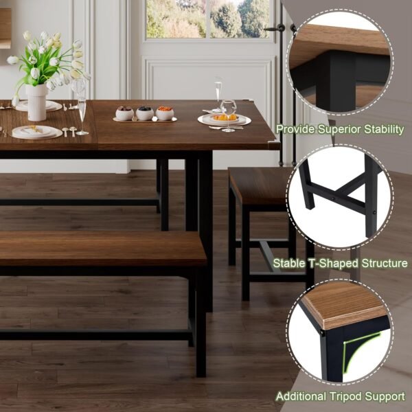 Feonase 5-Piece Dining Table Set for 4-8 People, 63" Extendable Kitchen Table Set with 2 Benches and 2 Square Stools, Dining Room Table with Heavy-Duty Frame, Easy Assembly, Walnut - Image 6