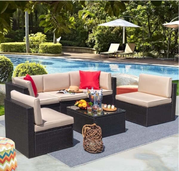 Devoko Patio Furniture Sets 6 Pieces Outdoor Sectional Rattan Sofa Manual Weaving Wicker Patio Conversation Set with Glass Table and Cushion (Beige) - Image 9
