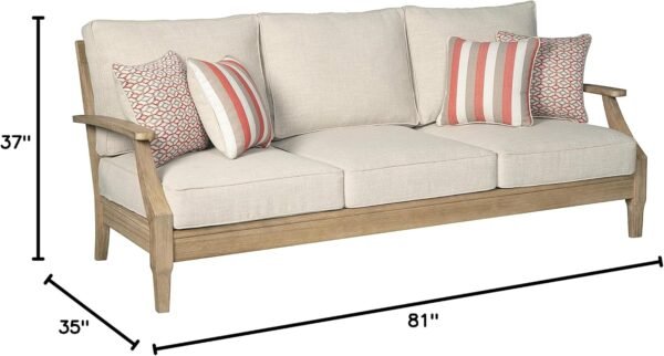 Signature Design by Ashley Clare View Coastal Outdoor Patio Eucalyptus Sofa with Cushions, Beige - Image 3