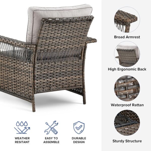 Outdoor Wicker Patio Furniture Set - 5 Piece Rattan Patio Conversation Sets with 2 Armrest Chairs,2 Ottomans and 1 Side Table for Porch Deck Garden(Brown/Beige) - Image 6