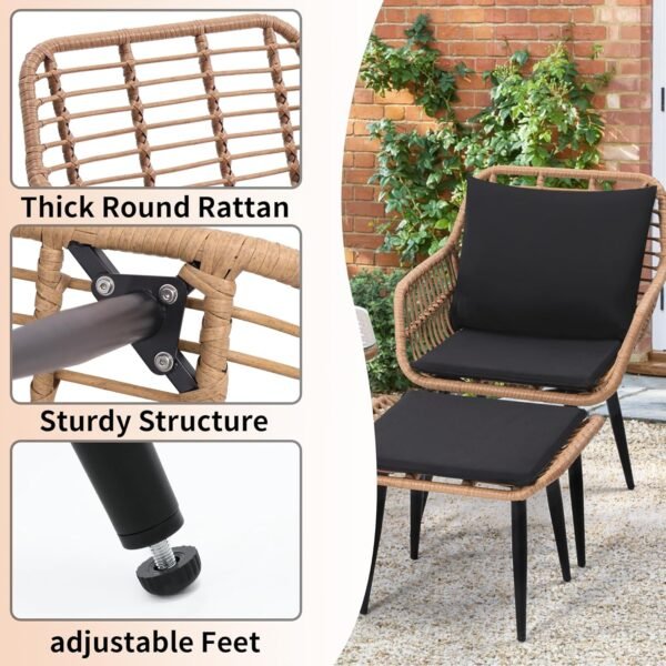 5 Piece Wicker Bistro Patio Conversation Furniture Set, Includes 2 Chairs, 2 Ottomans, and Side Table, Ideal for Porch, Balcony, Deck, Backyard, Natural - Image 6