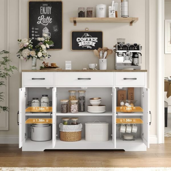 HOSTACK Buffet Cabinet with Drawers, 55" Large Sideboard Buffet Storage Cabinet with Shelves and Doors, Modern Farmhouse Coffee Bar Cabinet Wood Buffet Table for Kitchen, Dining Room, White/Rustic - Image 6