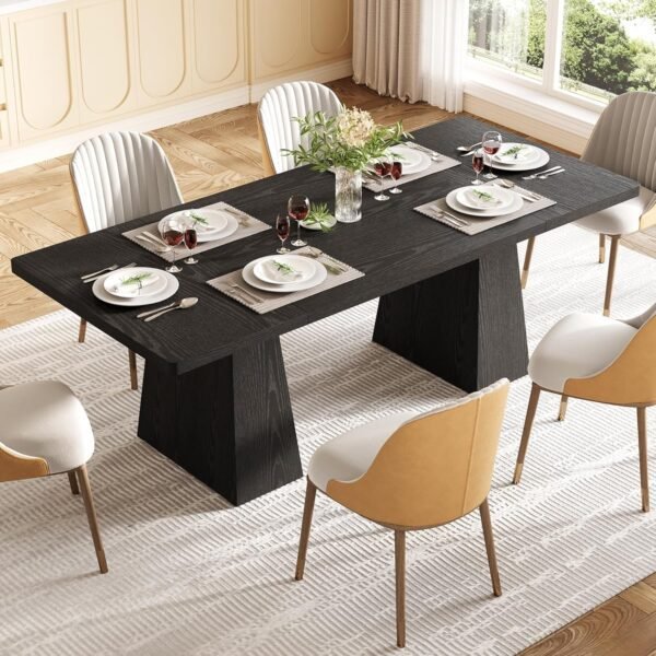 LITTLE TREE Dining Table for 6 People, Wooden Table, Rectangle Furniture with Heavy Duty Legs, Modern Kitchen Table for Home, Dining Room, Black - Image 4
