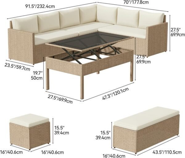YITAHOME 6-Piece Patio Furniture Set, All-Weather Wicker Outdoor Sectional Sofa with Lift-Top Table & Ottoman, Patio Conversation Set for Deck, Backyard, Porch - Light Brown+Beige - Image 8
