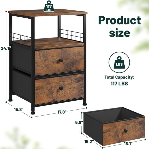 EnHomee Nightstand Set of 2, 17.8" W Bedside Table with Fabric Drawers and Open Wood Shelf Storage, Safety Netting on 2 Sides of Bedside Table,Night Stand for Bedroom,Living Room,Dorm, Rustic Brown - Image 3