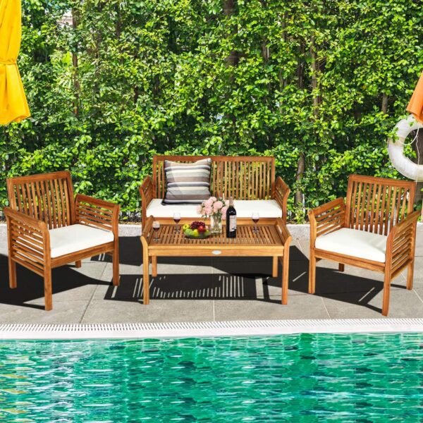 Tangkula 4 Piece Outdoor Acacia Wood Sofa Set with Water Resistant Cushions, Padded Patio Conversation Table Chair Set w/Coffee Table for Garden, Backyard, Poolside (1) - Image 4