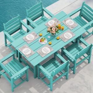 SERWALL 7-Piece Patio Table Set, Outdoor HDPE Dining Furniture with Umbrella Hole, All Weather Table and Chairs for Lawn, Garden, Poolside, Aruba