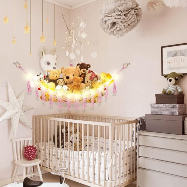 Stuffed Animal Hammock with LED Light, Toy Hammock for Stuffed Animals Storage for Kids Room Decor, Stuffed Animal Hammock Corner, Pink - Image 3