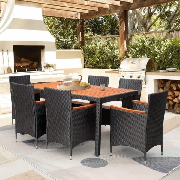 Flamaker 7 Piece Patio Dining Set Outdoor Acacia Wood Table and Chairs with Soft Cushions Wicker Patio Furniture for Deck, Backyard, Garden - Image 5