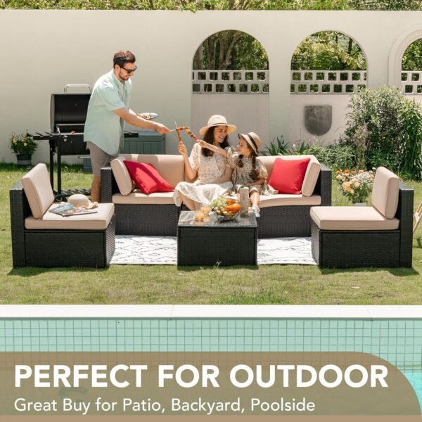 Devoko Patio Furniture Sets 6 Pieces Outdoor Sectional Rattan Sofa Manual Weaving Wicker Patio Conversation Set with Glass Table and Cushion (Beige) - Image 4
