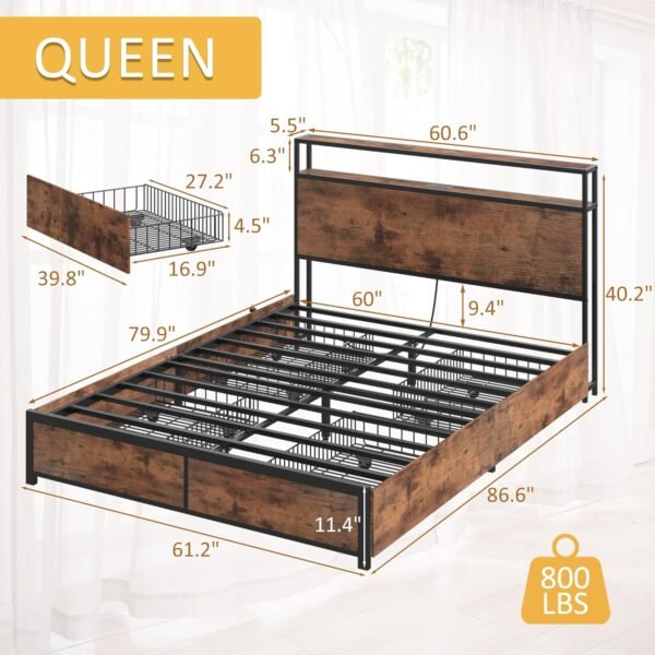 Lifezone Queen Bed Frame with 2-Tier Storage Headboard, Metal Platform Bed Frame with 4 Storage Drawers, Built in Charging Station & LED, Noise-Free/Metal Support/No Box Spring Needed, Vintage Brown - Image 2
