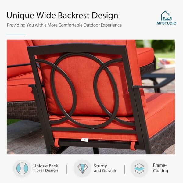 MFSTUDIO 5 Pieces Outdoor Patio Furniture Set, Metal Outdoor Conversation Sofa, Rattan Wicker Patio Sectional Sofa Set with 4 x Swivel Single Sofa, 1 x Fire Pit Table, Red - Image 5