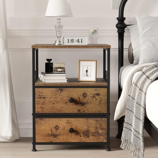 EnHomee Nightstand Set of 2, 17.8" W Bedside Table with Fabric Drawers and Open Wood Shelf Storage, Safety Netting on 2 Sides of Bedside Table,Night Stand for Bedroom,Living Room,Dorm, Rustic Brown - Image 6