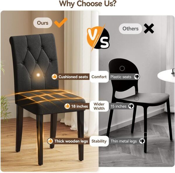 Upholstered Dining Chairs Set of 4, Button Tufted Parsons Dining Chair with Solid Wood Legs, Modern Fabric Side Chair for Dining Room/Kitchen/Restaurant/Hotel- Black - Image 2