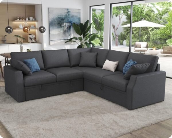 VanAcc Sofa Bed, 85 Inch Sleeper Couch with Storage Seat, L Shaped Sofa with Pull Out Sofa Bed, Sectional Couches for Living Room Apartment, Grey Linen Couch Sofa - Image 7
