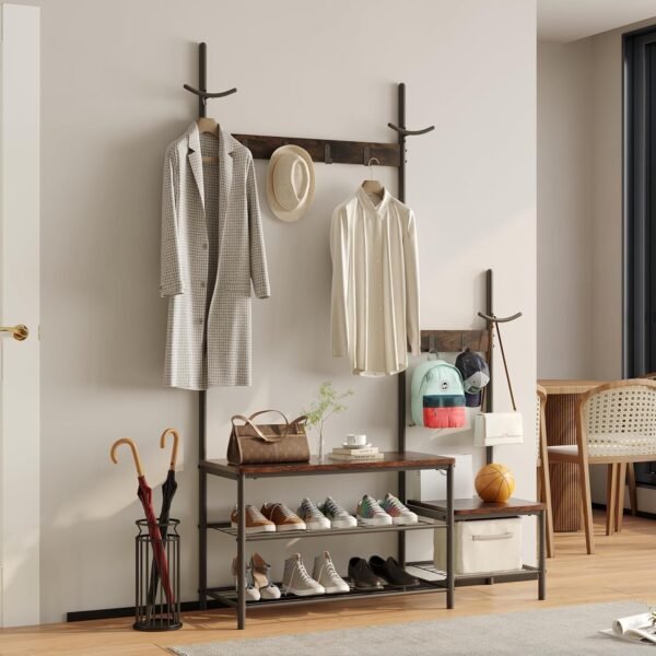 CharaVector Hall Tree Coat Rack Shoe Bench, Industrial Design, 3-in-1, Rustic Brown - Image 7