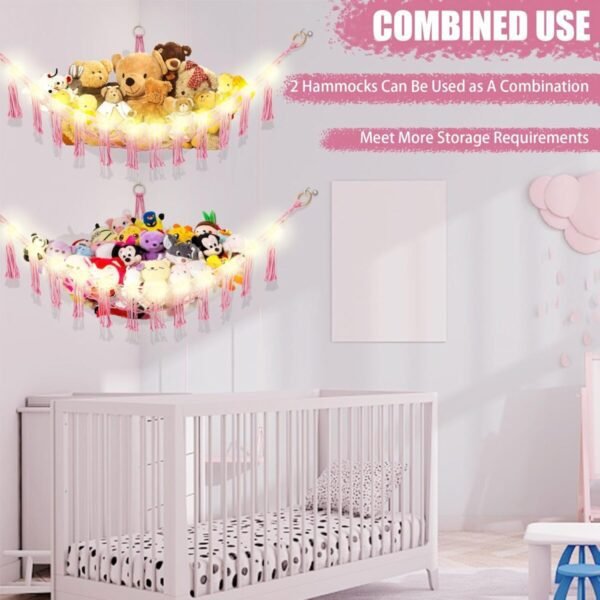 Stuffed Animal Hammock with LED Light, Toy Hammock for Stuffed Animals Storage for Kids Room Decor, Stuffed Animal Hammock Corner, Pink - Image 8