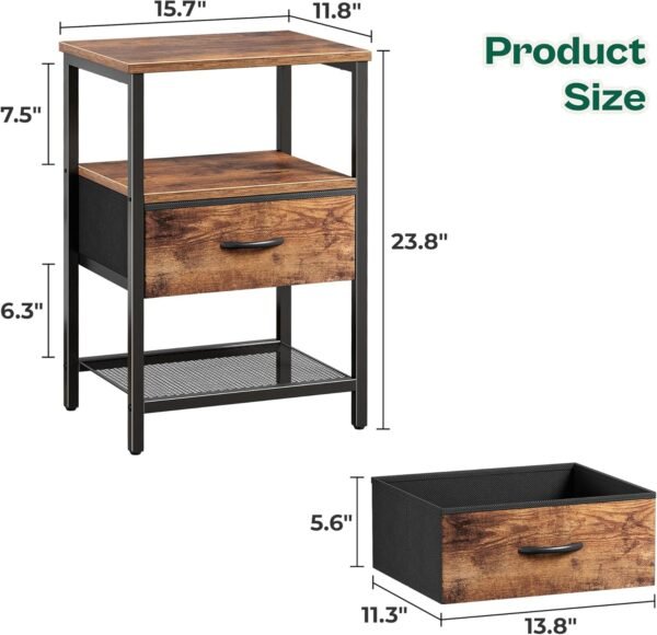 Huuger Nightstand Set of 2, Night Stand with Fabric Drawer, Mesh Shelf, Side Table with Storage, Fabric Drawer Dresser, Open Shelf, Metal Frame, Bedroom, Rustic Brown - Image 3