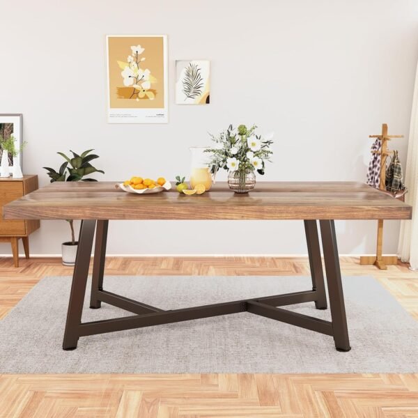 72" Farmhouse Wood Dining Table for 4 5 6 People, Rustic Solid Wood Brown Rectangular Kitchen Tables, Large Dinner Table w/Adjustable Metal Leg for Home Office,Dining Room,Family - Image 9