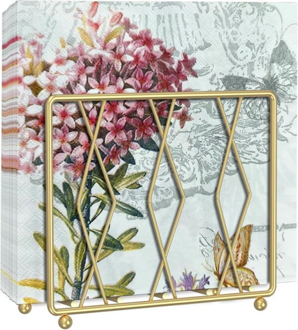 Napkin Holder for Table, Modern Metal Napkin Holders for Paper Napkins & Kitchen Dining & Countertops, Cocktail Upright Napkin Holder Dispenser Suitable for All Room Decors (Small, Gold)