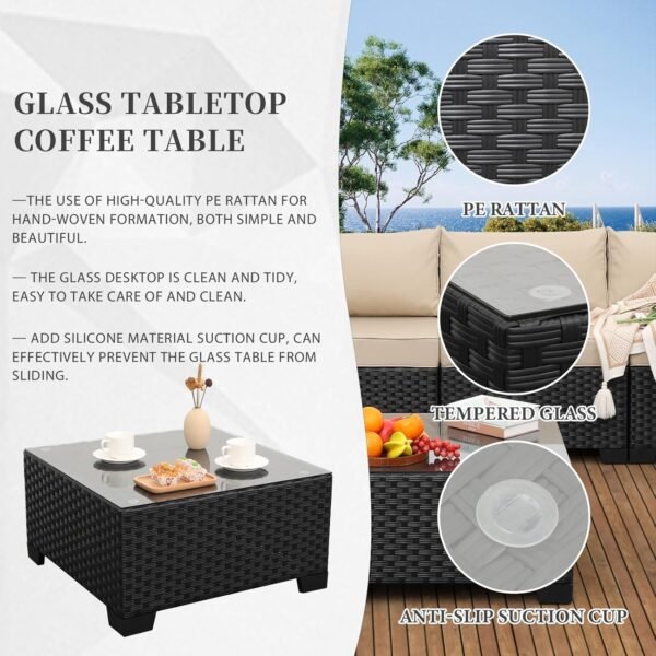 Valita 7 Piece Outdoor PE Wicker Furniture Set, Patio Black Rattan Sectional Sofa Couch with Washable Khaki Cushions… - Image 6