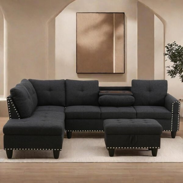 Sectional Couches with Ottoman Storage, Lounge Modular Sectional Sofa with Reversible Cup Holder, Modern Nail-Head L Shaped Couch for Living Room Furniture Sets, Bedroom, Gray - Image 6