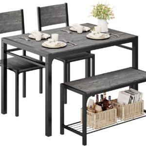 Shahoo Kitchen Table and 2 Chairs for 4 with Bench, 4 Piece Dining Sets for Small Space, Grey