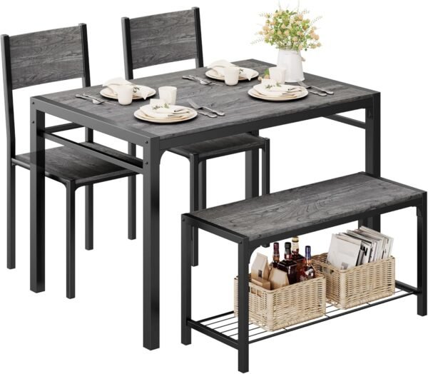 Shahoo Kitchen Table and 2 Chairs for 4 with Bench, 4 Piece Dining Sets for Small Space, Grey