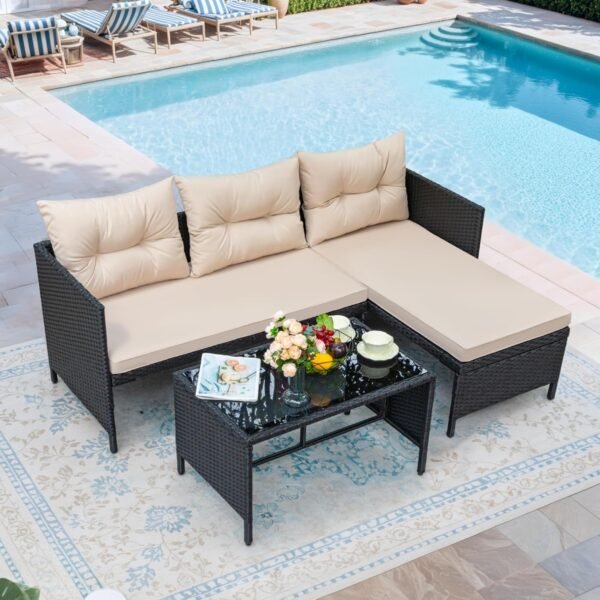 Greesum 3 Piece Patio Furniture Set Outdoor Wicker Rattan Sectional Sofa with Cushions & Coffee Table for Yard, Garden, Porch, Poolside, Light Beige - Image 3