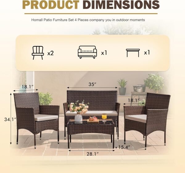 Homall 4 Pieces Outdoor Patio Furniture Sets Rattan Chair Wicker Set, Outdoor Indoor Use Backyard Porch Garden Poolside Balcony Furniture Sets Clearance (Brown and Beige) - Image 6