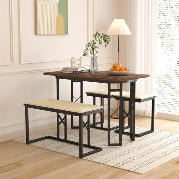 VECELO 43.3" Dining Table Sets, Farmhouse Small Kitchen Table for 4 with 3 Benches Wicker Mats,Metal Frame Space-Saving Adjustable Feets Coffee Table for Home Kitchen Dining, Dark Brown - Image 7