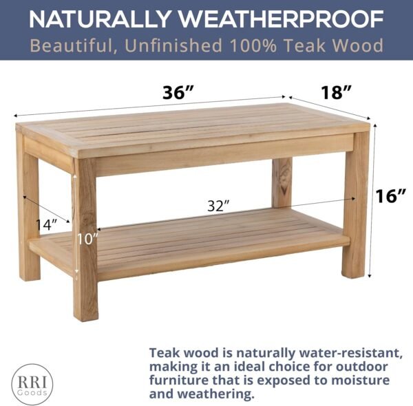Teak Wood Side Table with Storage, Indoor and Outdoor Wooden Furniture for Deck, Porch, Balcony, Living Room, Bedroom and Backyard (36" D x 18" W x 16" H) - Image 3