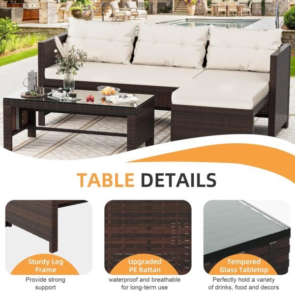 Shintenchi Outdoor Patio Furniture Sets, Wicker Patio sectional Sets 3-Piece, All Weather Wicker Rattan Patio Seating Sofas with Glass Coffee Table and Cushion (Beige) - Image 3