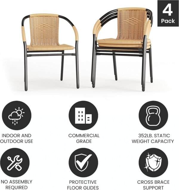 Flash Furniture Lila 4 Pack Beige Rattan Indoor-Outdoor Restaurant Stack Chair | Versatile and Stylish Seating - Image 5