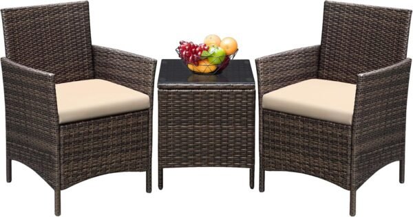 Greesum 3 Pieces Patio Furniture Sets Outdoor PE Rattan Wicker Chairs with Soft Cushion and Glass Coffee Table for Garden Backyard Porch Poolside, Brown and Beige