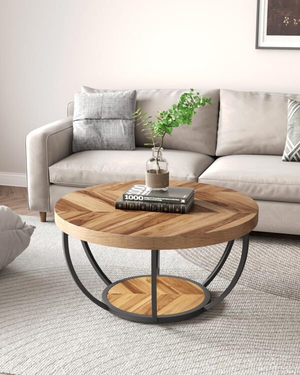 LITTLE TREE Round Coffee Table, 32" Circle Coffee Table for Living Room, 2-Tier Wood Accent Center Table with Open Storage Industrial Design Home Furniture (Wood Grain and Black) - Image 2