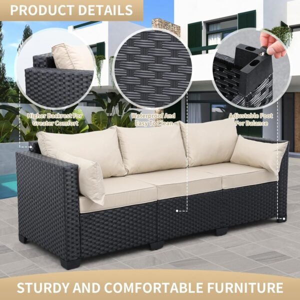 Valita 3-Seat Outdoor Rattan Sofa Patio Couch Black PE Wicker Loveseat Seating Furniture with Washable Khaki Cushions - Image 3